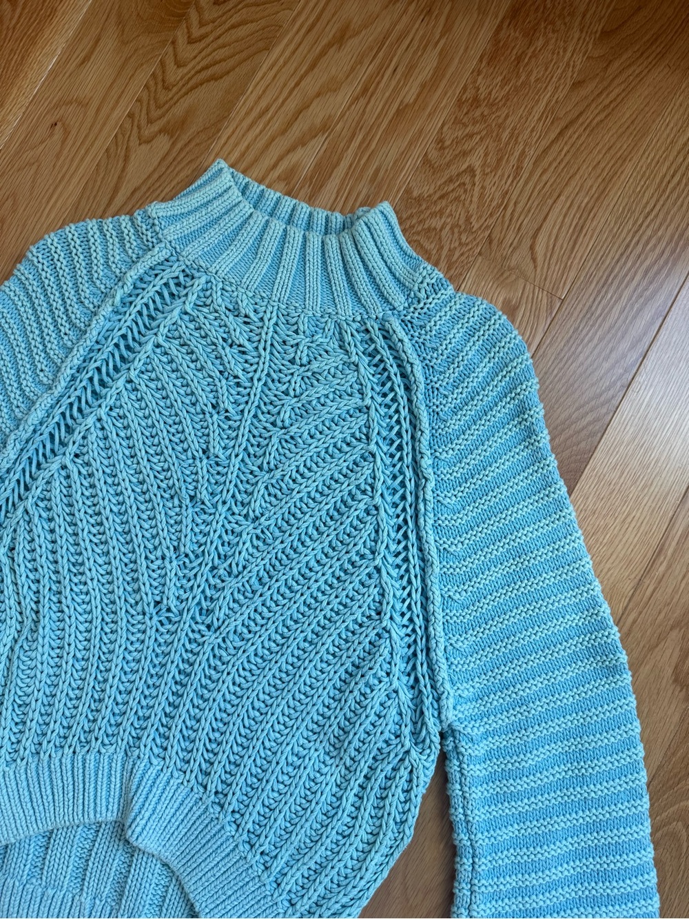 Free People Sky Blue Cable Knit Turtleneck Sweater